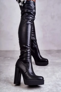 Outlet Boto Skórzane Wysokie Kozaki Na Platformie Czarne Katrina