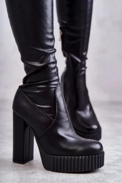 Outlet Boto Skórzane Wysokie Kozaki Na Platformie Czarne Katrina