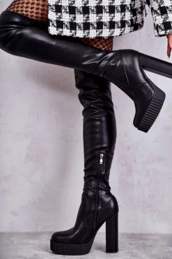 Outlet Boto Skórzane Wysokie Kozaki Na Platformie Czarne Katrina