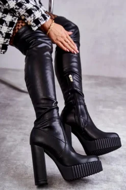 Outlet Boto Skórzane Wysokie Kozaki Na Platformie Czarne Katrina