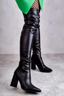 Damskie Boto Skórzane Wysokie Kozaki Na Obcasie Czarne Casto