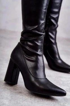 Damskie Boto Skórzane Wysokie Kozaki Na Obcasie Czarne Casto