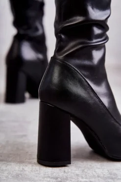 Damskie Boto Skórzane Wysokie Kozaki Na Obcasie Czarne Casto