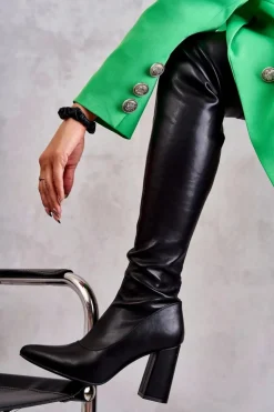 Damskie Boto Skórzane Wysokie Kozaki Na Obcasie Czarne Casto