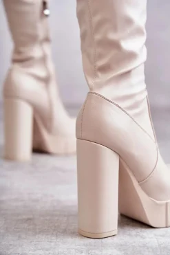 Damskie Boto Skórzane Wysokie Kozaki Na Platformie Beżowe Katrina