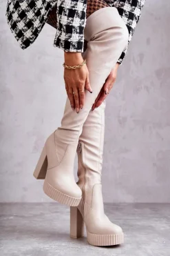 Damskie Boto Skórzane Wysokie Kozaki Na Platformie Beżowe Katrina