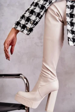 Damskie Boto Skórzane Wysokie Kozaki Na Platformie Beżowe Katrina