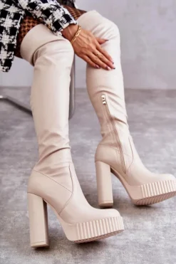 Damskie Boto Skórzane Wysokie Kozaki Na Platformie Beżowe Katrina