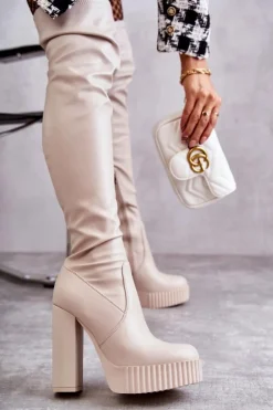 Damskie Boto Skórzane Wysokie Kozaki Na Platformie Beżowe Katrina