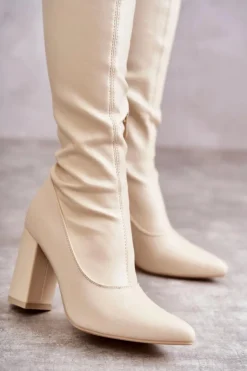 Boto Kozaki Wiosenne|Kozaki Za Kolano*Skórzane Wysokie Kozaki Na Obcasie Beżowe Casto