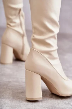 Boto Kozaki Wiosenne|Kozaki Za Kolano*Skórzane Wysokie Kozaki Na Obcasie Beżowe Casto