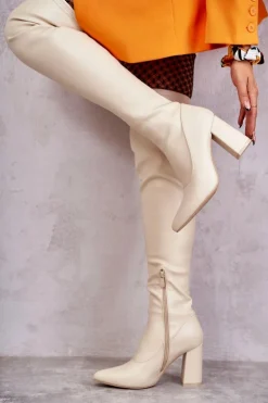 Boto Kozaki Wiosenne|Kozaki Za Kolano*Skórzane Wysokie Kozaki Na Obcasie Beżowe Casto