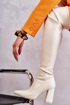 Boto Kozaki Wiosenne|Kozaki Za Kolano*Skórzane Wysokie Kozaki Na Obcasie Beżowe Casto