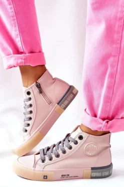 Damskie Big Star Shoes Skórzane Wysokie Trampki Big Star II274138 Różowe