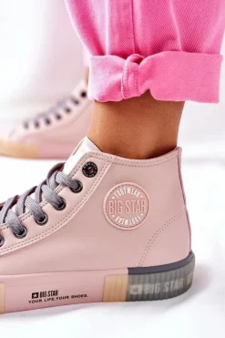 Damskie Big Star Shoes Skórzane Wysokie Trampki Big Star II274138 Różowe