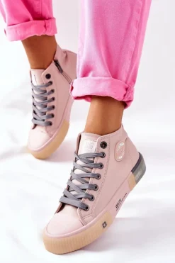Damskie Big Star Shoes Skórzane Wysokie Trampki Big Star II274138 Różowe