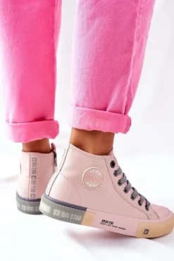 Damskie Big Star Shoes Skórzane Wysokie Trampki Big Star II274138 Różowe