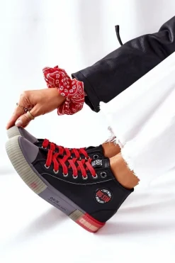 Damskie Big Star Shoes Skórzane Wysokie Trampki Big Star II274139 Czarne