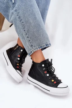 GOE Trampki Damskie Wysokie*Skórzane Wysokie Trampki Damskie RR2N4101 Czarne Czarny