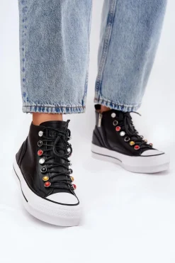 GOE Trampki Damskie Wysokie*Skórzane Wysokie Trampki Damskie RR2N4101 Czarne Czarny