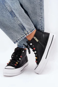 GOE Trampki Damskie Wysokie*Skórzane Wysokie Trampki Damskie RR2N4101 Czarne Czarny