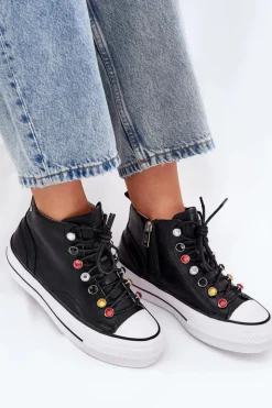 GOE Trampki Damskie Wysokie*Skórzane Wysokie Trampki Damskie RR2N4101 Czarne Czarny