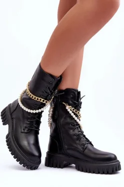 Outlet Boto Skórzane Wysokie Workery Z Łańcuszkiem Czarne Nameer