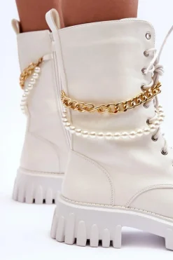 Damskie Boto Skórzane Wysokie Workery Z Łańcuszkiem Białe Nameer