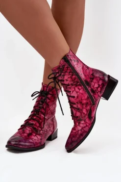 Online Maciejka Skórzane Wzorzyste Botki Na Płaskim Obcasie 06391-23 Różowe