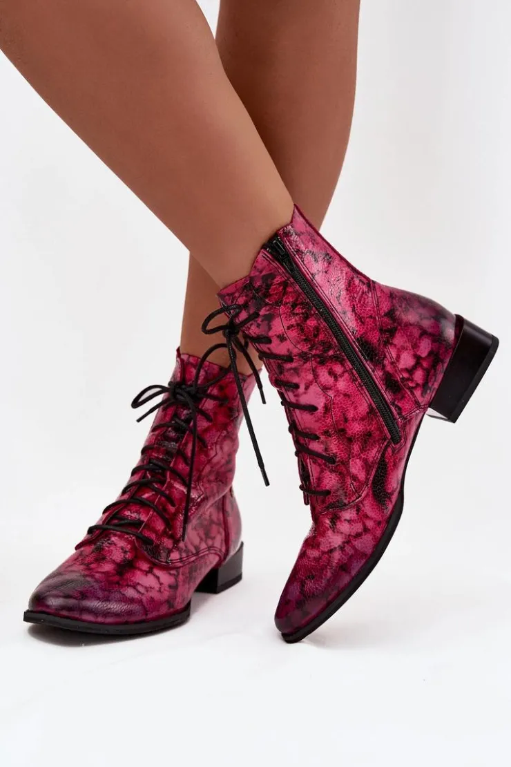 Online Maciejka Skórzane Wzorzyste Botki Na Płaskim Obcasie 06391-23 Różowe