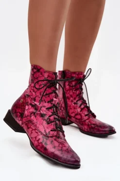 Online Maciejka Skórzane Wzorzyste Botki Na Płaskim Obcasie 06391-23 Różowe