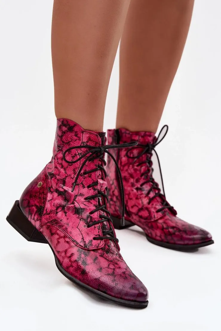 Online Maciejka Skórzane Wzorzyste Botki Na Płaskim Obcasie 06391-23 Różowe