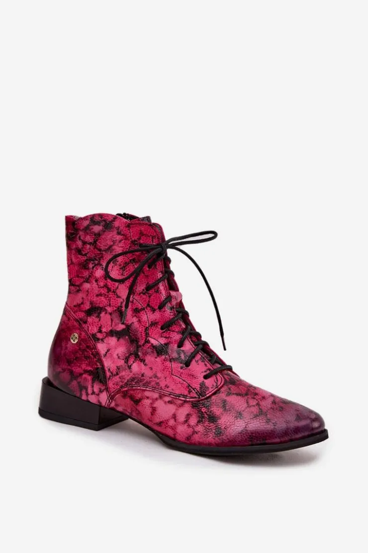 Online Maciejka Skórzane Wzorzyste Botki Na Płaskim Obcasie 06391-23 Różowe