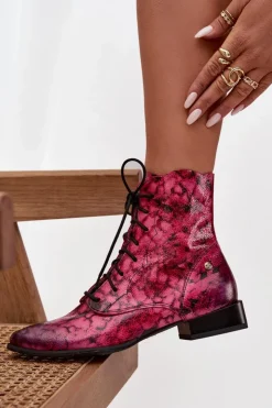 Online Maciejka Skórzane Wzorzyste Botki Na Płaskim Obcasie 06391-23 Różowe