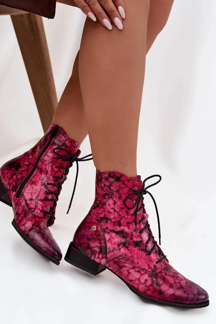Online Maciejka Skórzane Wzorzyste Botki Na Płaskim Obcasie 06391-23 Różowe