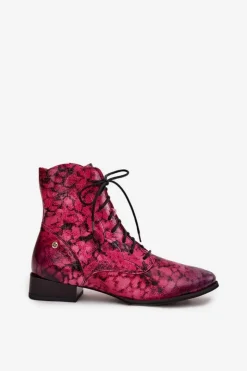 Online Maciejka Skórzane Wzorzyste Botki Na Płaskim Obcasie 06391-23 Różowe