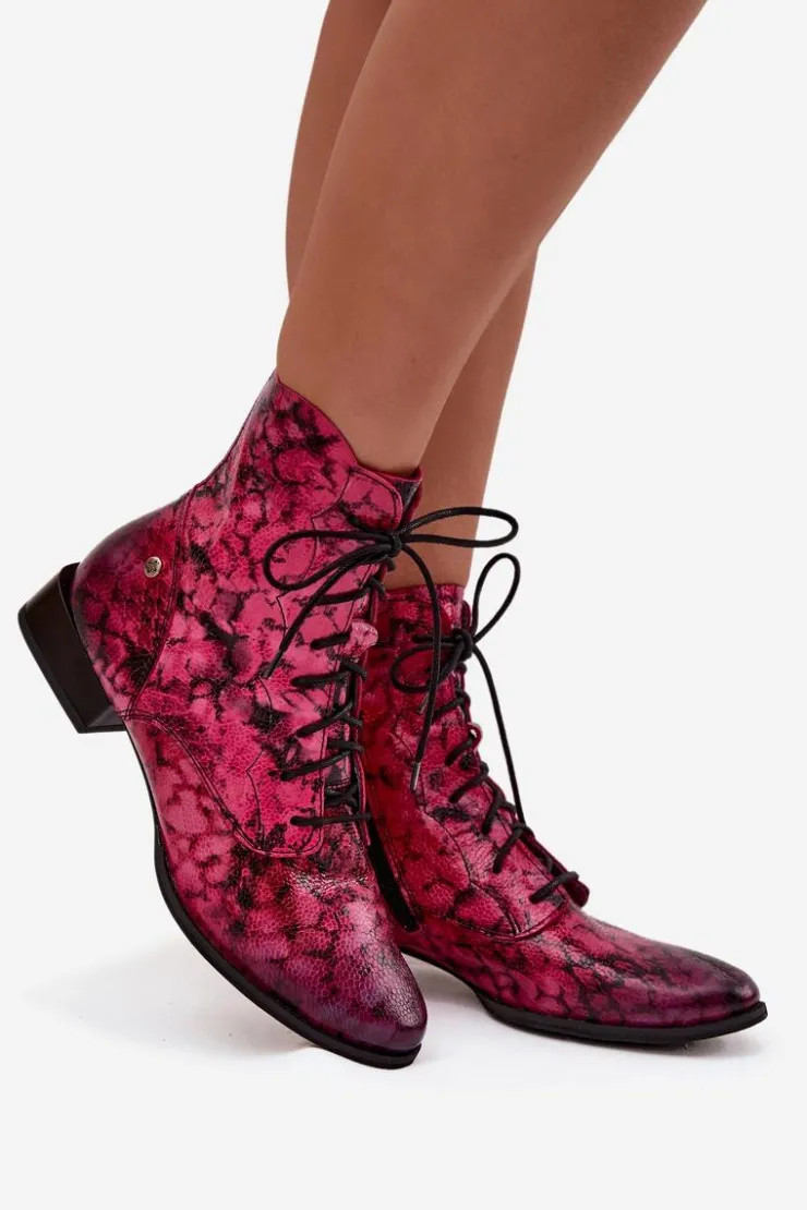 Online Maciejka Skórzane Wzorzyste Botki Na Płaskim Obcasie 06391-23 Różowe