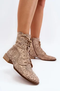 New Maciejka Skórzane Wzorzyste Botki Na Płaskim Obcasie 06391-04 Beżowe