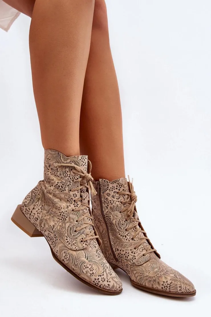 New Maciejka Skórzane Wzorzyste Botki Na Płaskim Obcasie 06391-04 Beżowe
