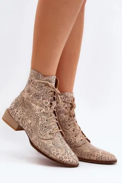 New Maciejka Skórzane Wzorzyste Botki Na Płaskim Obcasie 06391-04 Beżowe