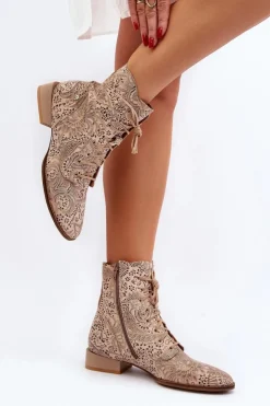 New Maciejka Skórzane Wzorzyste Botki Na Płaskim Obcasie 06391-04 Beżowe
