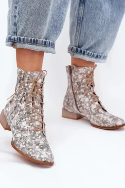 Damskie Maciejka Skórzane Wzorzyste Botki Na Płaskim Obcasie 06391-25 Beżowe