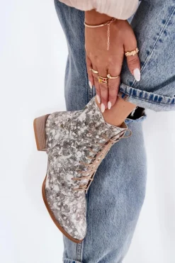 Damskie Maciejka Skórzane Wzorzyste Botki Na Płaskim Obcasie 06391-25 Beżowe