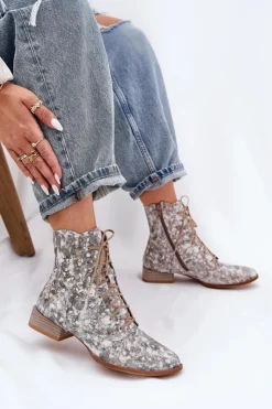 Damskie Maciejka Skórzane Wzorzyste Botki Na Płaskim Obcasie 06391-25 Beżowe