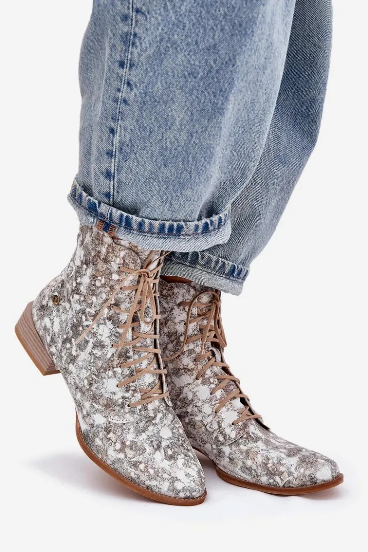 Damskie Maciejka Skórzane Wzorzyste Botki Na Płaskim Obcasie 06391-25 Beżowe