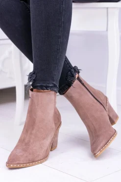 Damskie Boto Skórzane Zamszowe Beżowe Damskie Botki W Szpic Z Suwakiem Sonoma