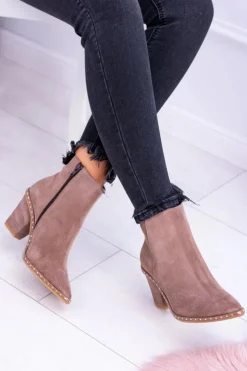 Damskie Boto Skórzane Zamszowe Beżowe Damskie Botki W Szpic Z Suwakiem Sonoma