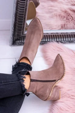 Damskie Boto Skórzane Zamszowe Beżowe Damskie Botki W Szpic Z Suwakiem Sonoma