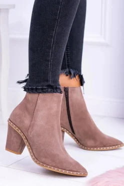 Damskie Boto Skórzane Zamszowe Beżowe Damskie Botki W Szpic Z Suwakiem Sonoma