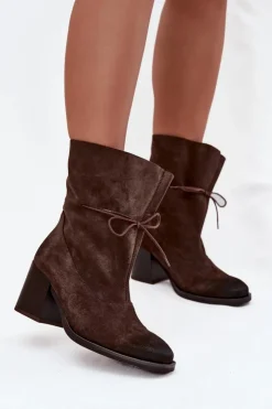 Damskie Zazoo Skórzane Zamszowe Botki Damskie Na Słupku 1151 Czekoladowe